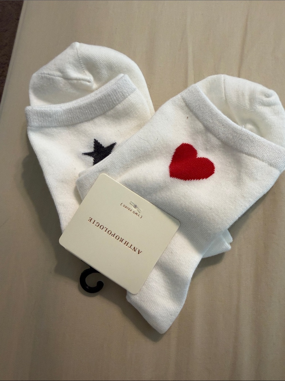 Anthropologie White No-Show Socks with Red Heart and Black Star